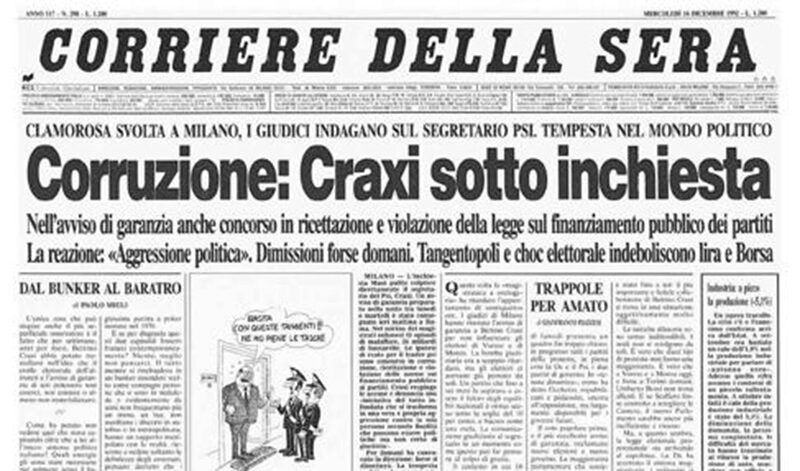 Craxi indagato: la prima pagina del Corriere della Sera